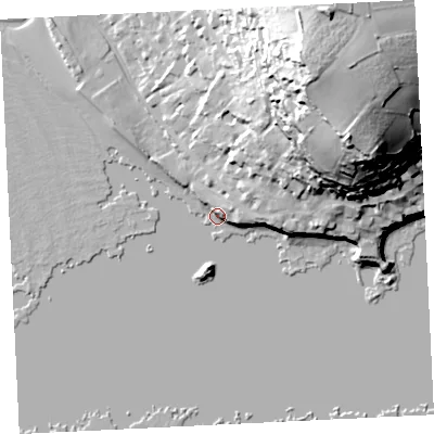 Shaded relief map of the ground around TR170EN, computed from Environment Agency LiDAR. The ground here sits at about 3 m above sea level and falls 60 m across the surrounding 800 m. Surface water reaching this point runs off ground lying to the north-east, 56.6 m higher.
