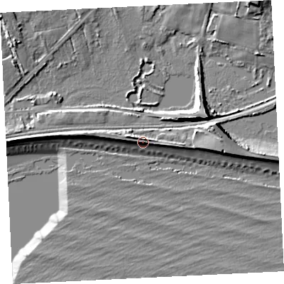 Shaded relief map of the ground around TR170EW, computed from Environment Agency LiDAR. The ground here sits at about 7 m above sea level and falls 13 m across the surrounding 800 m. Surface water reaching this point runs off ground lying to the north-west, 2.9 m higher.