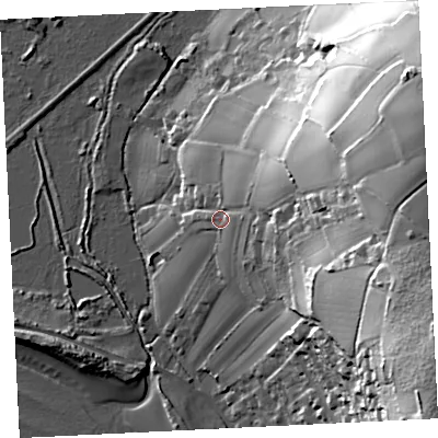 Shaded relief map of the ground around TR170HQ, computed from Environment Agency LiDAR. The ground here sits at about 14 m above sea level and falls 58 m across the surrounding 800 m. Surface water reaching this point runs off ground lying to the east-north-east, 33.1 m higher.