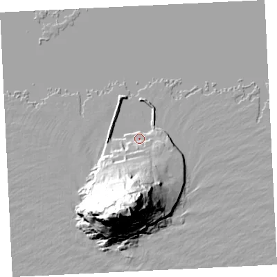 Shaded relief map of the ground around TR170HS, computed from Environment Agency LiDAR. The ground here sits at about 4 m above sea level and falls 64 m across the surrounding 800 m. Surface water reaching this point runs off ground lying to the south, 53.9 m higher.
