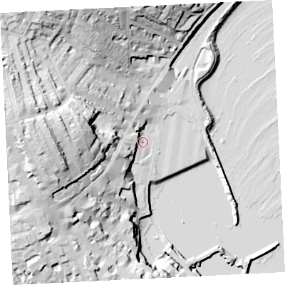 Shaded relief map of the ground around TR182GA, computed from Environment Agency LiDAR. The ground here sits at about 5 m above sea level and falls 46 m across the surrounding 800 m. Surface water reaching this point runs off ground lying to the south-west, 15.0 m higher.