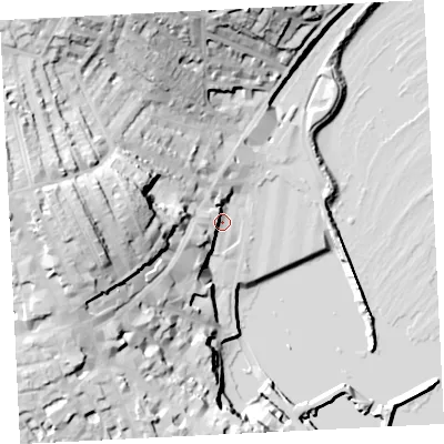 Shaded relief map of the ground around TR182GB, computed from Environment Agency LiDAR. The ground here sits at about 6 m above sea level and falls 47 m across the surrounding 800 m. Surface water reaching this point runs off ground lying to the south-west, 14.8 m higher.
