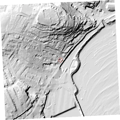 Shaded relief map of the ground around TR182HH, computed from Environment Agency LiDAR. The ground here sits at about 10 m above sea level and falls 63 m across the surrounding 800 m. Surface water reaching this point runs off ground lying to the north-north-west, 52.1 m higher.