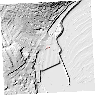 Shaded relief map of the ground around TR182JX, computed from Environment Agency LiDAR. The ground here sits at about 5 m above sea level and falls 51 m across the surrounding 800 m. Surface water reaching this point runs off ground lying to the west-north-west, 4.3 m higher.