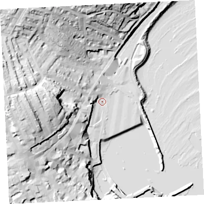 Shaded relief map of the ground around TR182JY, computed from Environment Agency LiDAR. The ground here sits at about 5 m above sea level and falls 47 m across the surrounding 800 m. Surface water reaching this point runs off ground lying to the west, 38.7 m higher.