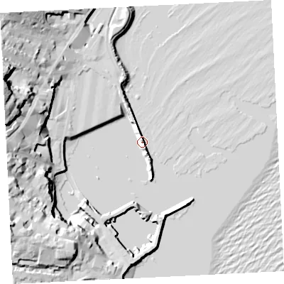 Shaded relief map of the ground around TR182LL, computed from Environment Agency LiDAR. The ground here sits at about 3 m above sea level and falls 35 m across the surrounding 800 m. Surface water reaching this point runs off ground lying to the west-north-west, 34.9 m higher.