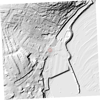 Shaded relief map of the ground around TR182LQ, computed from Environment Agency LiDAR. The ground here sits at about 7 m above sea level and falls 57 m across the surrounding 800 m. Surface water reaching this point runs off ground lying to the north-west, 2.7 m higher.