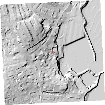 Shaded relief map of the ground around TR182LU, computed from Environment Agency LiDAR. The ground here sits at about 13 m above sea level and falls 49 m across the surrounding 800 m. Surface water reaching this point runs off ground lying to the west-north-west, 11.7 m higher.