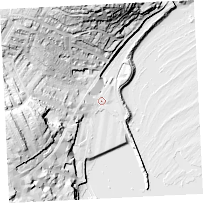 Shaded relief map of the ground around TR182NG, computed from Environment Agency LiDAR. The ground here sits at about 6 m above sea level and falls 57 m across the surrounding 800 m. Surface water reaching this point runs off ground lying to the west, 3.7 m higher.