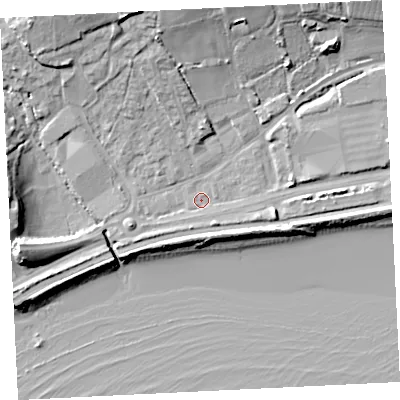 Shaded relief map of the ground around TR183AS, computed from Environment Agency LiDAR. The ground here sits at about 4 m above sea level and falls 17 m across the surrounding 800 m. Surface water reaching this point runs off ground lying to the west-south-west, 2.5 m higher.