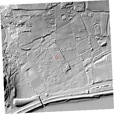 Shaded relief map of the ground around TR183AX, computed from Environment Agency LiDAR. The ground here sits at about 8 m above sea level and falls 35 m across the surrounding 800 m. Surface water reaching this point runs off ground lying to the north, 2.5 m higher.