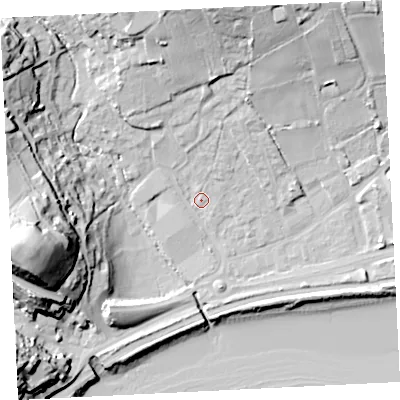 Shaded relief map of the ground around TR183AY, computed from Environment Agency LiDAR. The ground here sits at about 6 m above sea level and falls 44 m across the surrounding 800 m. Surface water reaching this point runs off ground lying to the north, 22.1 m higher.
