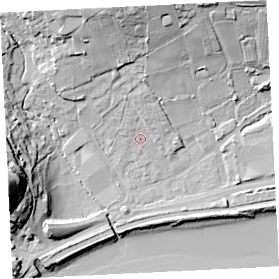 Shaded relief map of the ground around TR183AZ, computed from Environment Agency LiDAR. The ground here sits at about 6 m above sea level and falls 37 m across the surrounding 800 m. Surface water reaching this point runs off ground lying to the north, 21.9 m higher.