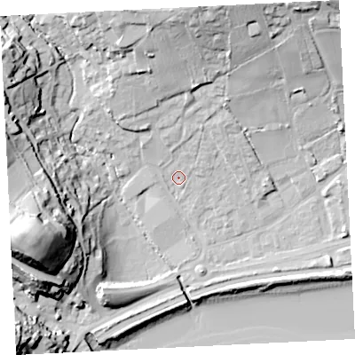 Shaded relief map of the ground around TR183BA, computed from Environment Agency LiDAR. The ground here sits at about 6 m above sea level and falls 44 m across the surrounding 800 m. Surface water reaching this point runs off ground lying to the north, 23.6 m higher.