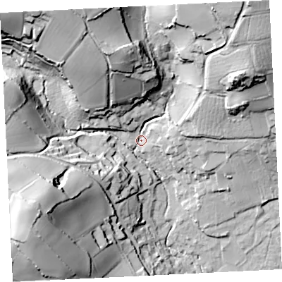 Shaded relief map of the ground around TR183BT, computed from Environment Agency LiDAR. The ground here sits at about 17 m above sea level and falls 69 m across the surrounding 800 m. Surface water reaching this point runs off ground lying to the north-east, 57.8 m higher.