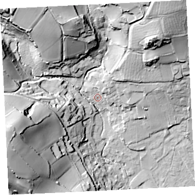 Shaded relief map of the ground around TR183BU, computed from Environment Agency LiDAR. The ground here sits at about 17 m above sea level and falls 63 m across the surrounding 800 m. Surface water reaching this point runs off ground lying to the north-north-east, 12.3 m higher.