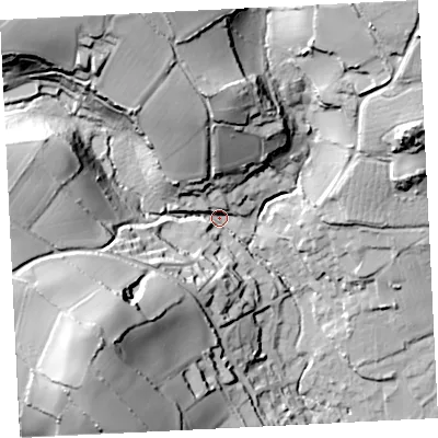Shaded relief map of the ground around TR183BX, computed from Environment Agency LiDAR. The ground here sits at about 18 m above sea level and falls 70 m across the surrounding 800 m. Surface water reaching this point runs off ground lying to the north-north-west, 50.7 m higher.