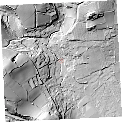 Shaded relief map of the ground around TR183BY, computed from Environment Agency LiDAR. The ground here sits at about 12 m above sea level and falls 62 m across the surrounding 800 m. Surface water reaching this point runs off ground lying to the west, 54.8 m higher.