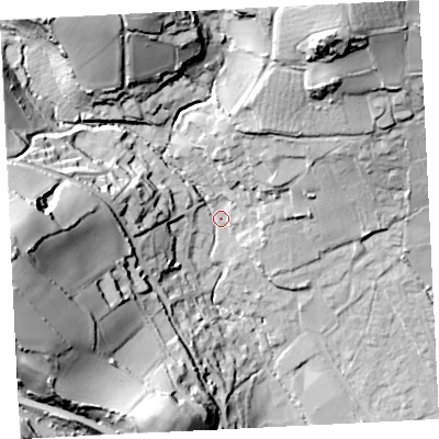 Shaded relief map of the ground around TR183DG, computed from Environment Agency LiDAR. The ground here sits at about 12 m above sea level and falls 62 m across the surrounding 800 m. Surface water reaching this point runs off ground lying to the west, 55.0 m higher.