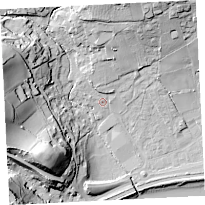 Shaded relief map of the ground around TR183DN, computed from Environment Agency LiDAR. The ground here sits at about 8 m above sea level and falls 51 m across the surrounding 800 m. Surface water reaching this point runs off ground lying to the north, 10.0 m higher.