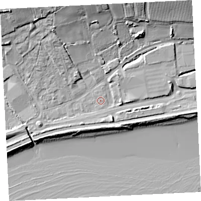 Shaded relief map of the ground around TR183DP, computed from Environment Agency LiDAR. The ground here sits at about 4 m above sea level and falls 20 m across the surrounding 800 m. Surface water reaching this point runs off ground lying to the south-west, 1.4 m higher.