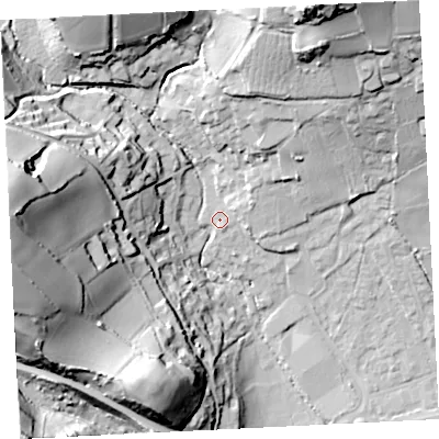 Shaded relief map of the ground around TR183DQ, computed from Environment Agency LiDAR. The ground here sits at about 11 m above sea level and falls 60 m across the surrounding 800 m. Surface water reaching this point runs off ground lying to the north-east, 8.0 m higher.