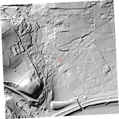 Shaded relief map of the ground around TR183DR, computed from Environment Agency LiDAR. The ground here sits at about 7 m above sea level and falls 54 m across the surrounding 800 m. Surface water reaching this point runs off ground lying to the north-north-west, 7.4 m higher.