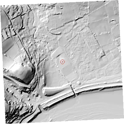 Shaded relief map of the ground around TR183DU, computed from Environment Agency LiDAR. The ground here sits at about 5 m above sea level and falls 46 m across the surrounding 800 m. Surface water reaching this point runs off ground lying to the west, 1.1 m higher.