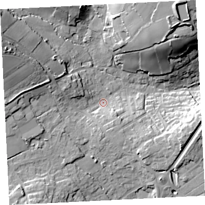 Shaded relief map of the ground around TR183EH, computed from Environment Agency LiDAR. The ground here sits at about 52 m above sea level and falls 44 m across the surrounding 800 m. Surface water reaching this point runs off ground lying to the west-north-west, 27.9 m higher.