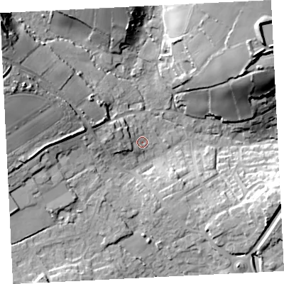 Shaded relief map of the ground around TR183EN, computed from Environment Agency LiDAR. The ground here sits at about 53 m above sea level and falls 44 m across the surrounding 800 m. Surface water reaching this point runs off ground lying to the west-north-west, 8.9 m higher.