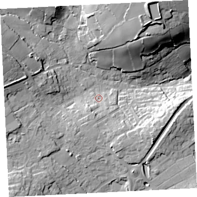 Shaded relief map of the ground around TR183ER, computed from Environment Agency LiDAR. The ground here sits at about 52 m above sea level and falls 46 m across the surrounding 800 m. Surface water reaching this point runs off ground lying to the south-south-west, 9.1 m higher.