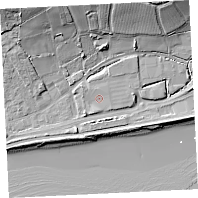 Shaded relief map of the ground around TR183FA, computed from Environment Agency LiDAR. The ground here sits at about 5 m above sea level and falls 22 m across the surrounding 800 m. Surface water reaching this point runs off ground lying to the south-west, 2.2 m higher.
