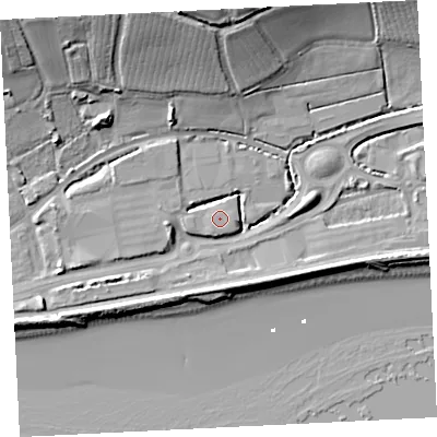 Shaded relief map of the ground around TR183FH, computed from Environment Agency LiDAR. The ground here sits at about 5 m above sea level and falls 24 m across the surrounding 800 m. Surface water reaching this point runs off ground lying to the east-north-east, 0.6 m higher.