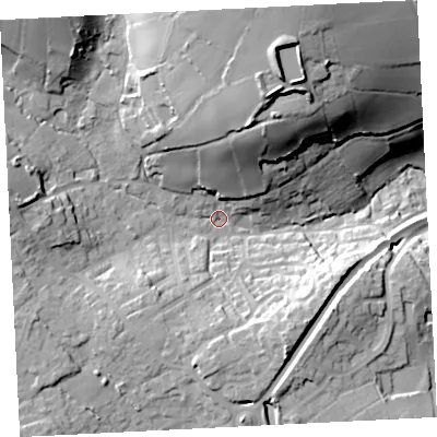 Shaded relief map of the ground around TR183JB, computed from Environment Agency LiDAR. The ground here sits at about 47 m above sea level and falls 52 m across the surrounding 800 m. Surface water reaching this point runs off ground lying to the north-north-east, 42.1 m higher.