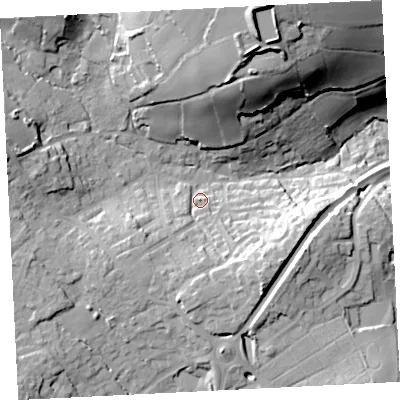Shaded relief map of the ground around TR183JD, computed from Environment Agency LiDAR. The ground here sits at about 52 m above sea level and falls 49 m across the surrounding 800 m. Surface water reaching this point runs off ground lying to the south-east, 18.9 m higher.