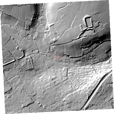 Shaded relief map of the ground around TR183JG, computed from Environment Agency LiDAR. The ground here sits at about 50 m above sea level and falls 50 m across the surrounding 800 m. Surface water reaching this point runs off ground lying to the north-north-east, 41.5 m higher.