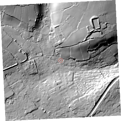 Shaded relief map of the ground around TR183JH, computed from Environment Agency LiDAR. The ground here sits at about 50 m above sea level and falls 50 m across the surrounding 800 m. Surface water reaching this point runs off ground lying to the north-north-east, 42.2 m higher.