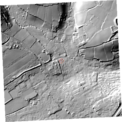 Shaded relief map of the ground around TR183JN, computed from Environment Agency LiDAR. The ground here sits at about 54 m above sea level and falls 46 m across the surrounding 800 m. Surface water reaching this point runs off ground lying to the west-north-west, 34.4 m higher.
