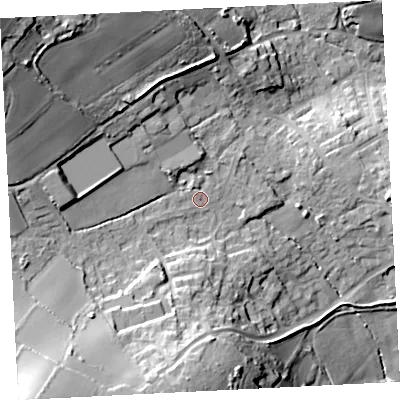 Shaded relief map of the ground around TR183JS, computed from Environment Agency LiDAR. The ground here sits at about 58 m above sea level and falls 44 m across the surrounding 800 m. Surface water reaching this point runs off ground lying to the north-west, 25.0 m higher.