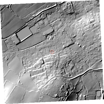 Shaded relief map of the ground around TR183JU, computed from Environment Agency LiDAR. The ground here sits at about 58 m above sea level and falls 42 m across the surrounding 800 m. Surface water reaching this point runs off ground lying to the south-south-west, 5.9 m higher.