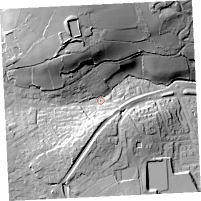 Shaded relief map of the ground around TR183LB, computed from Environment Agency LiDAR. The ground here sits at about 44 m above sea level and falls 57 m across the surrounding 800 m. Surface water reaching this point runs off ground lying to the north-north-west, 45.8 m higher.
