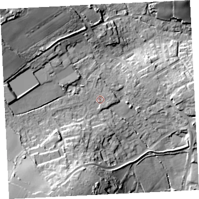 Shaded relief map of the ground around TR183LD, computed from Environment Agency LiDAR. The ground here sits at about 57 m above sea level and falls 37 m across the surrounding 800 m. Surface water reaching this point runs off ground lying to the north-west, 22.4 m higher.