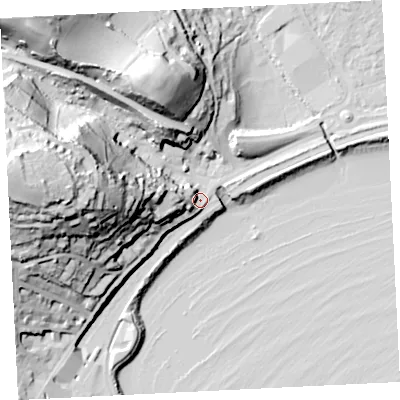 Shaded relief map of the ground around TR183LL, computed from Environment Agency LiDAR. The ground here sits at about 7 m above sea level and falls 63 m across the surrounding 800 m. Surface water reaching this point runs off ground lying to the west, 19.0 m higher.