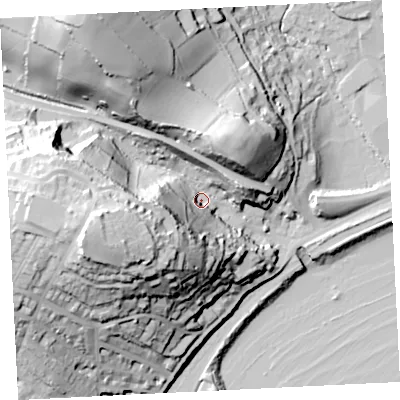 Shaded relief map of the ground around TR183LP, computed from Environment Agency LiDAR. The ground here sits at about 13 m above sea level and falls 65 m across the surrounding 800 m. Surface water reaching this point runs off ground lying to the north-north-west, 53.2 m higher.
