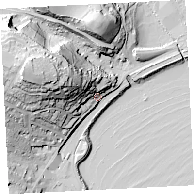 Shaded relief map of the ground around TR183LQ, computed from Environment Agency LiDAR. The ground here sits at about 13 m above sea level and falls 63 m across the surrounding 800 m. Surface water reaching this point runs off ground lying to the west-north-west, 53.3 m higher.