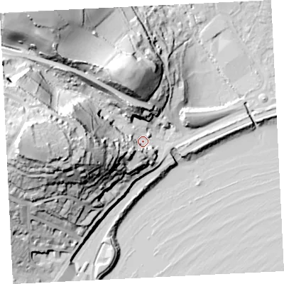 Shaded relief map of the ground around TR183LR, computed from Environment Agency LiDAR. The ground here sits at about 8 m above sea level and falls 63 m across the surrounding 800 m. Surface water reaching this point runs off ground lying to the west, 54.3 m higher.