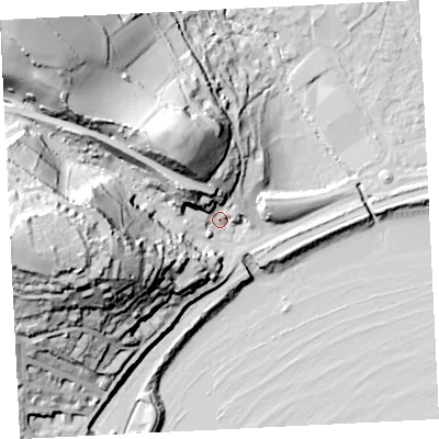 Shaded relief map of the ground around TR183LS, computed from Environment Agency LiDAR. The ground here sits at about 8 m above sea level and falls 63 m across the surrounding 800 m. Surface water reaching this point runs off ground lying to the west, 55.7 m higher.