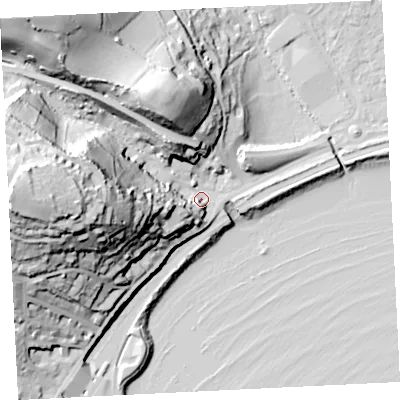 Shaded relief map of the ground around TR183LW, computed from Environment Agency LiDAR. The ground here sits at about 7 m above sea level and falls 63 m across the surrounding 800 m. Surface water reaching this point runs off ground lying to the west, 51.0 m higher.