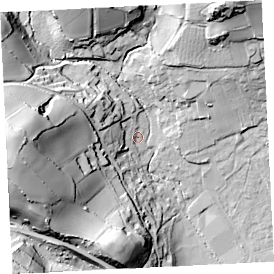Shaded relief map of the ground around TR183NA, computed from Environment Agency LiDAR. The ground here sits at about 12 m above sea level and falls 63 m across the surrounding 800 m. Surface water reaching this point runs off ground lying to the west, 19.1 m higher.