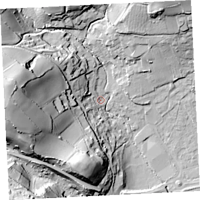 Shaded relief map of the ground around TR183ND, computed from Environment Agency LiDAR. The ground here sits at about 10 m above sea level and falls 64 m across the surrounding 800 m. Surface water reaching this point runs off ground lying to the west, 56.3 m higher.